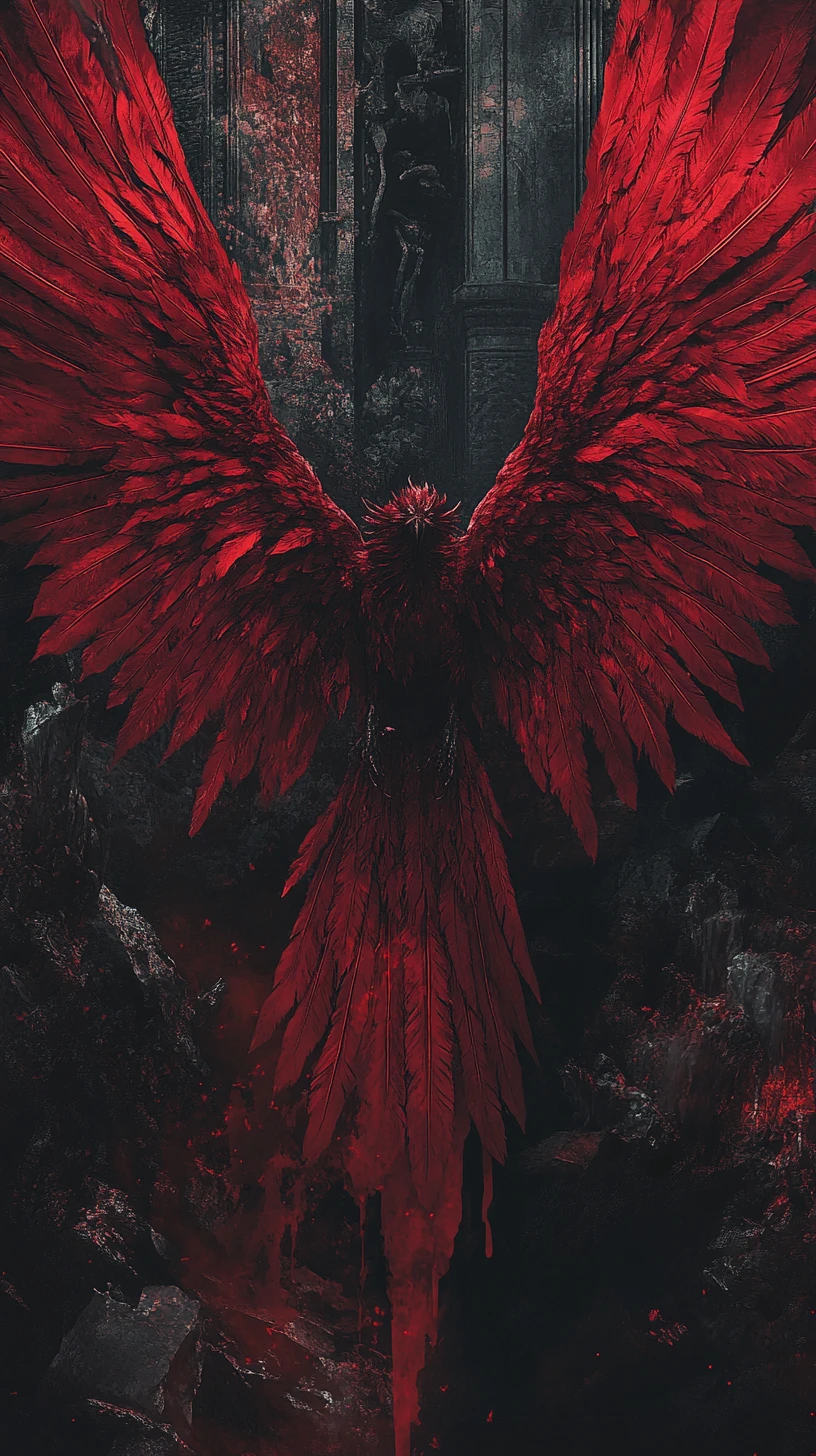 Anjo com asas silenciosas se erguendo do inferno em chamas