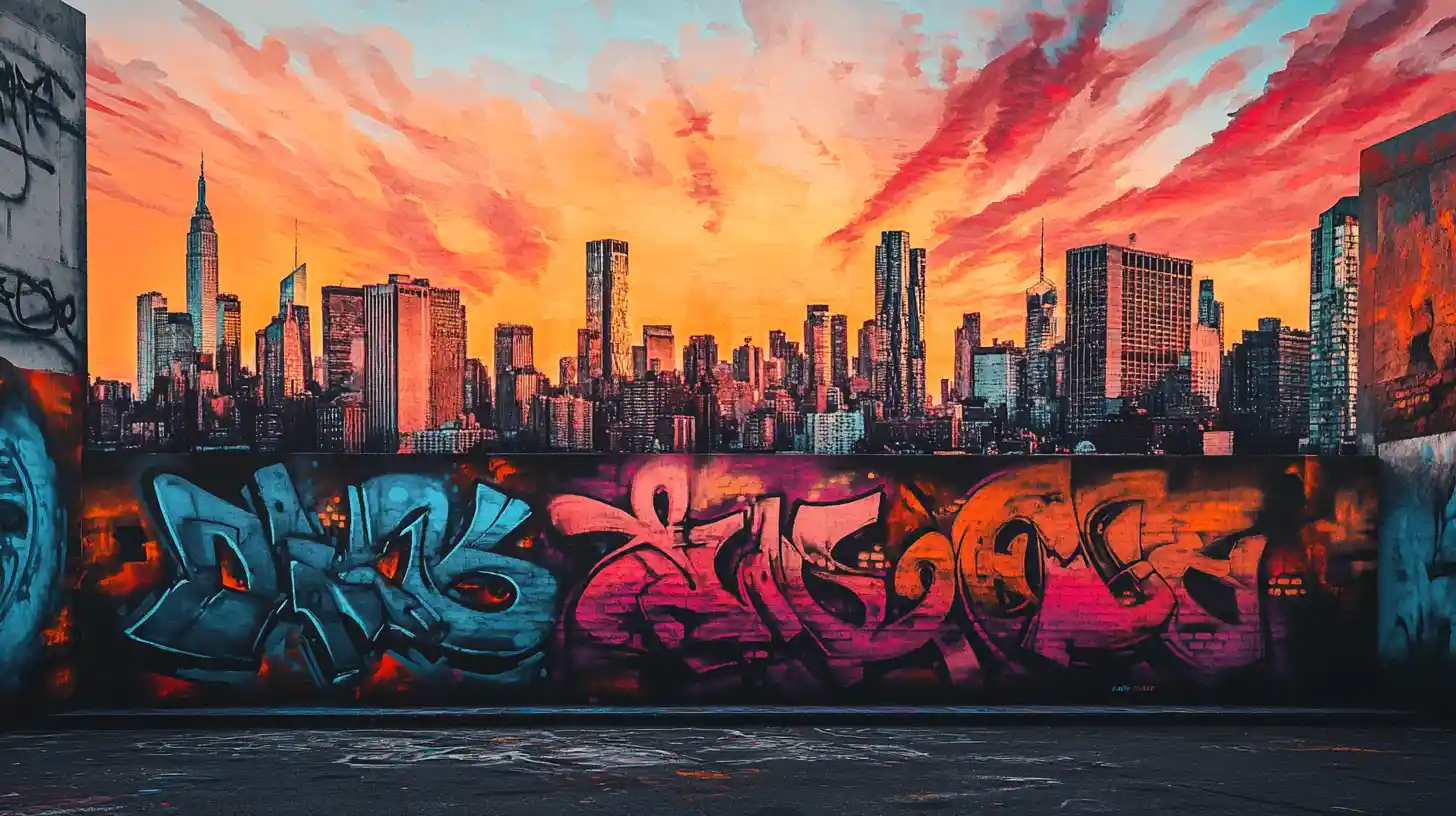 Mural de graffiti colorido com paisagem urbana sob um céu quente de pôr do sol