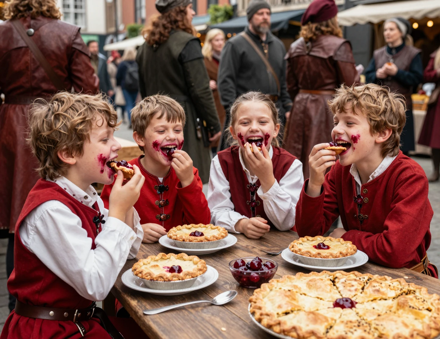 Enfants rieurs dans un marché fantastique mangeant des tartes aux cerises