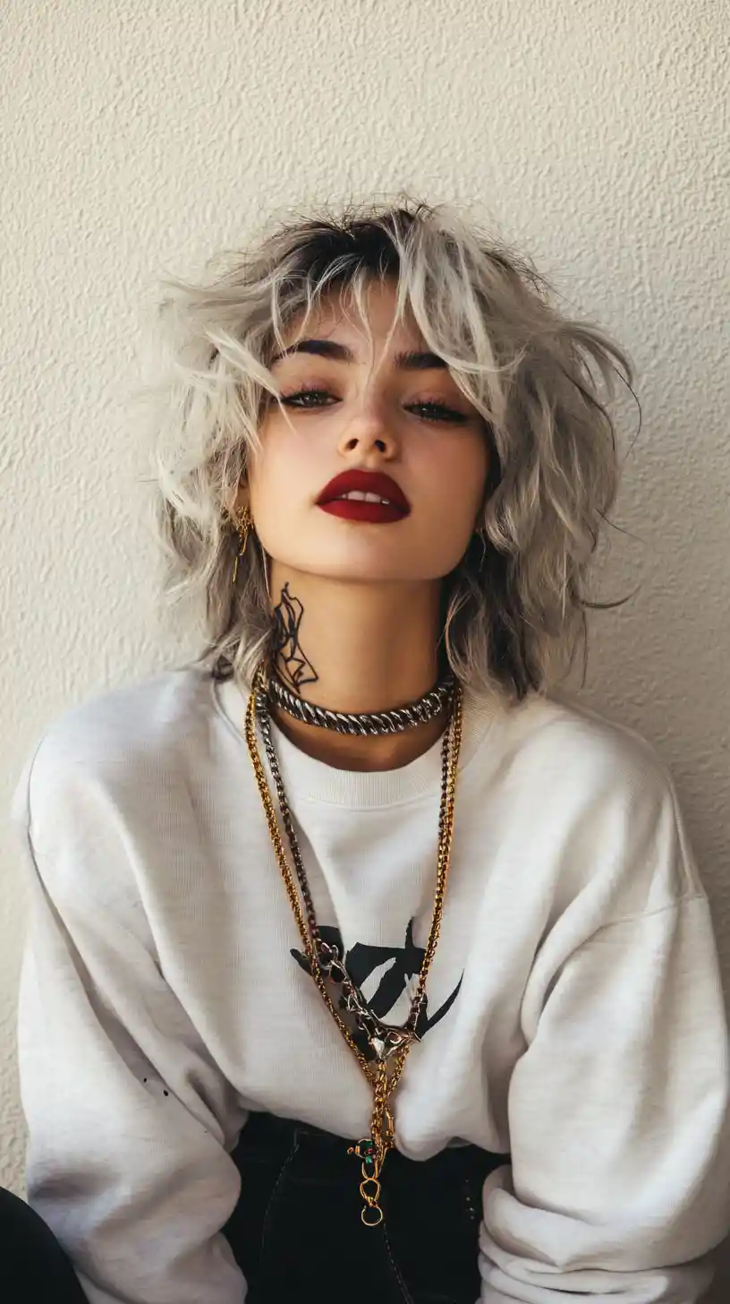 Androgynous anime woman in bold streetwear with yellow glasses