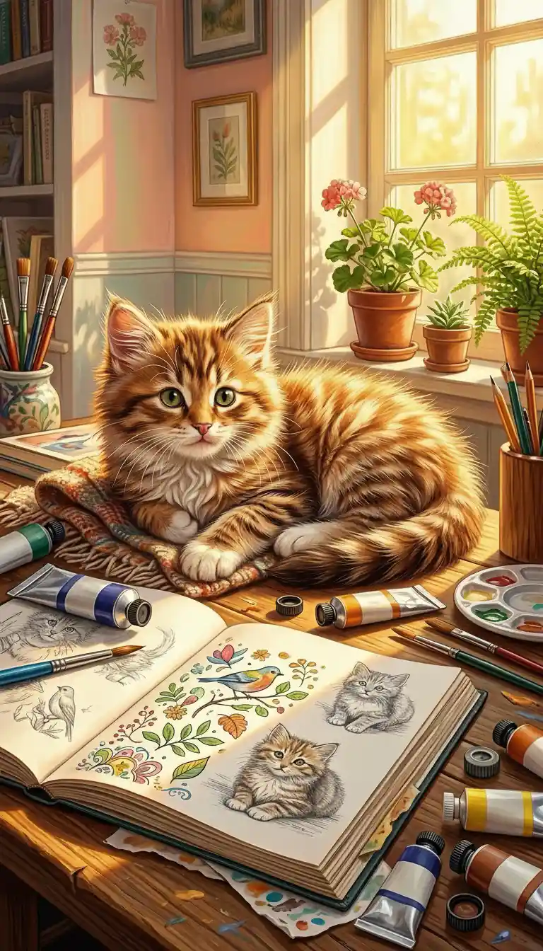 Fluffy kitten resting in warm sunlight on artist desk