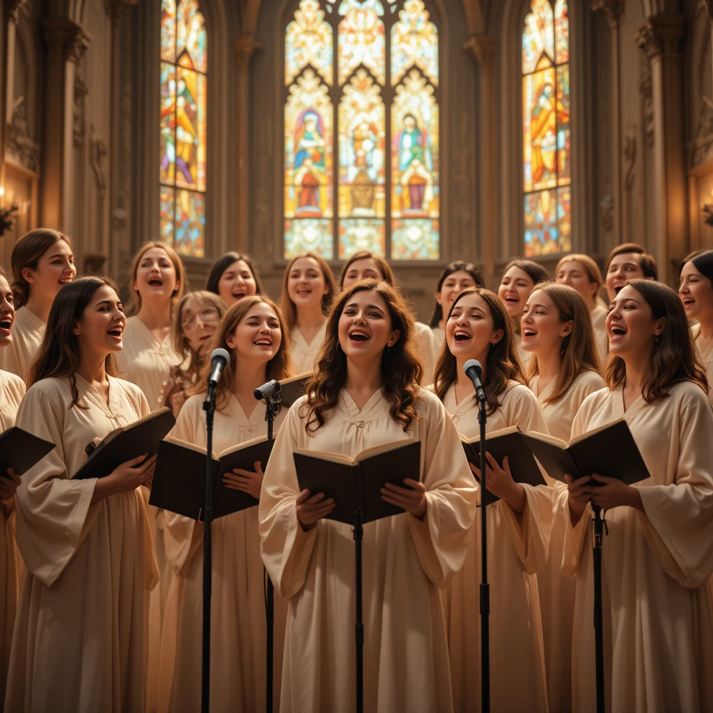 Coro gioioso che canta insieme in una chiesa illuminata con luce calda