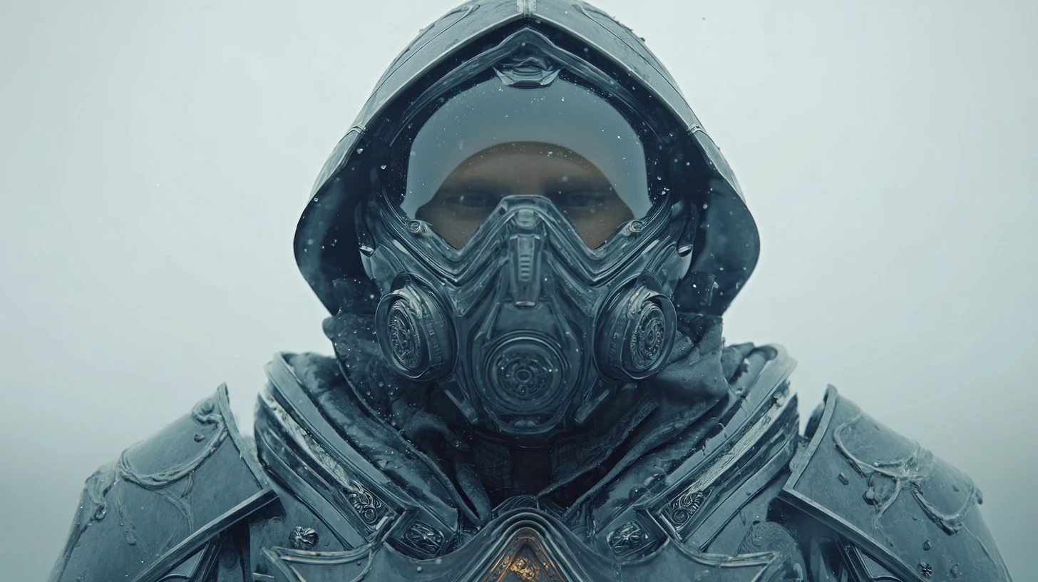 Sinistro Comandante Guerriero Sci-Fi sotto Pioggia e Nebbia