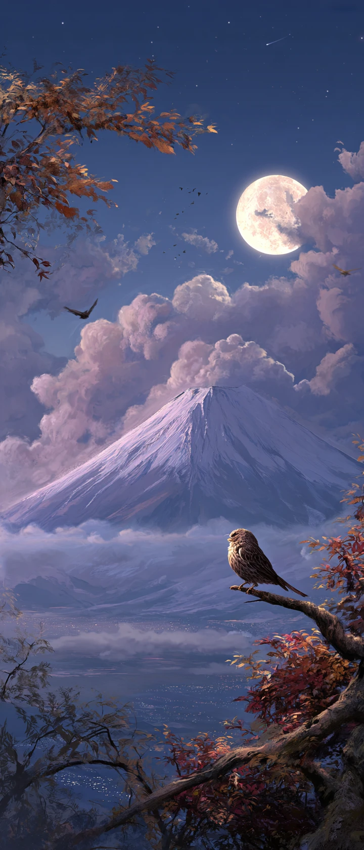 富士山にかかる秋の月と一羽の鳥