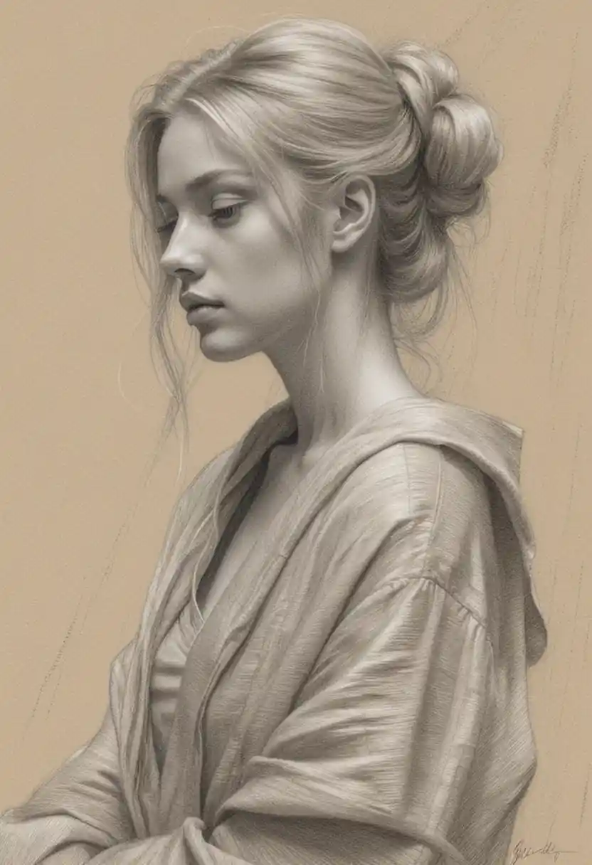 Melancholic pencil sketch of a young woman in profile