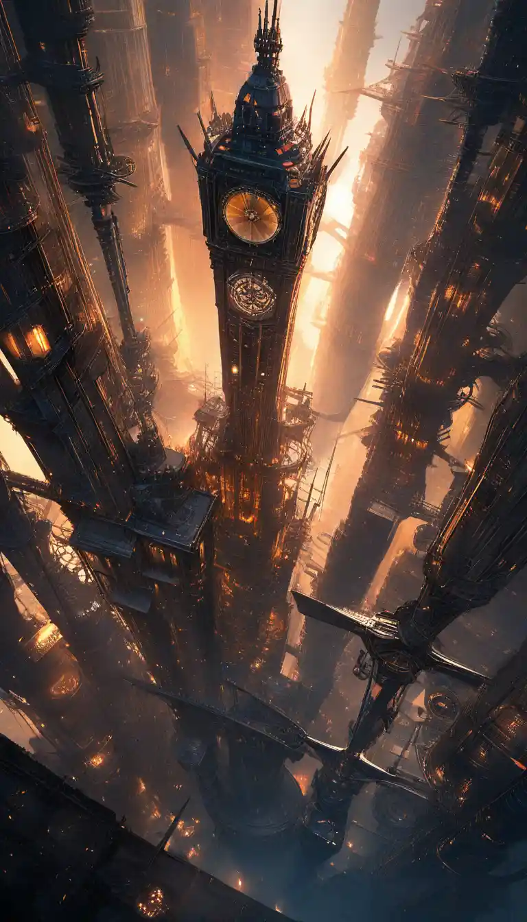 Majestätische Steampunk-Metropole aus einem imposanten Luftschiff gesehen