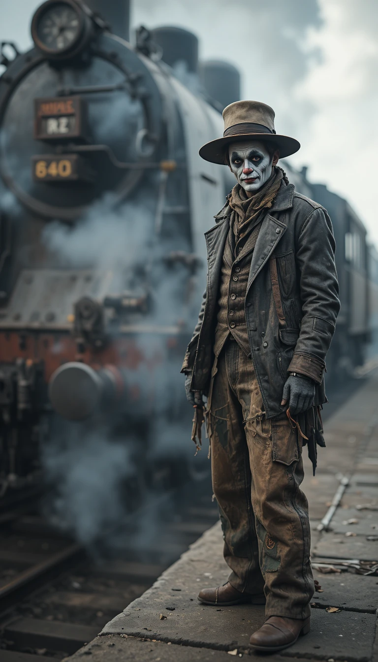 Homeless clown faced man on train platform with locomotive