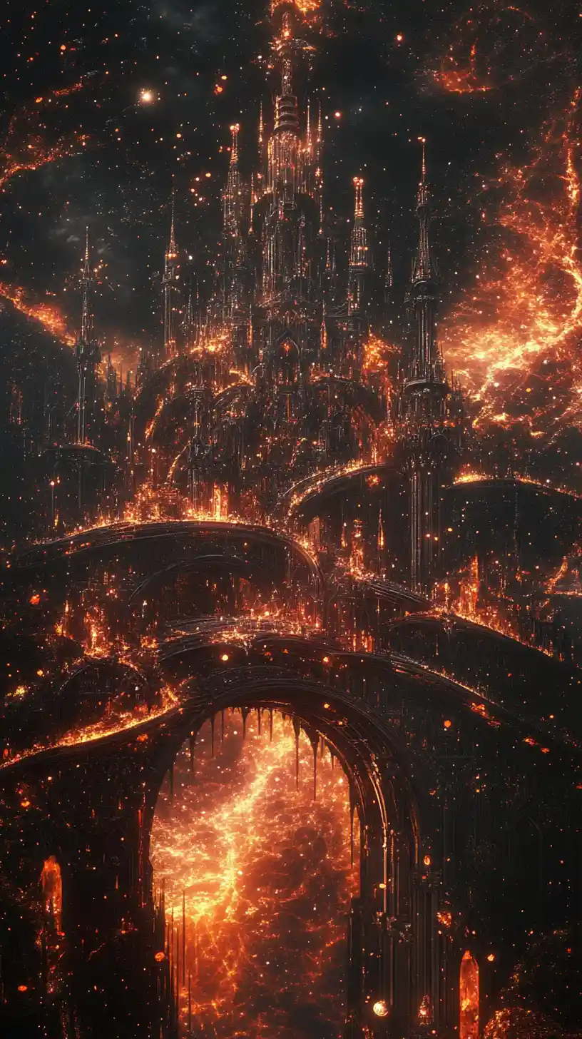 Metrópolis fantástica luminosa de agujas retorcidas en la oscuridad