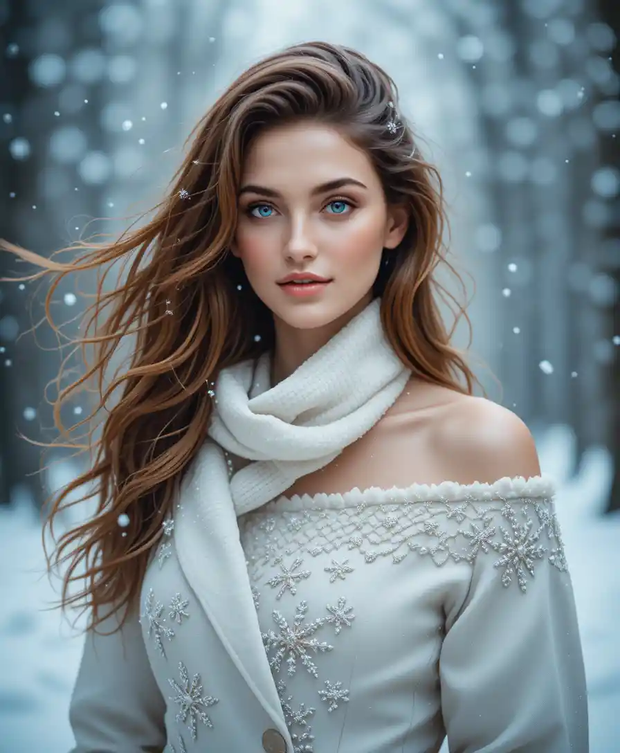 Elegant woman in snowy forest winter fashion portrait