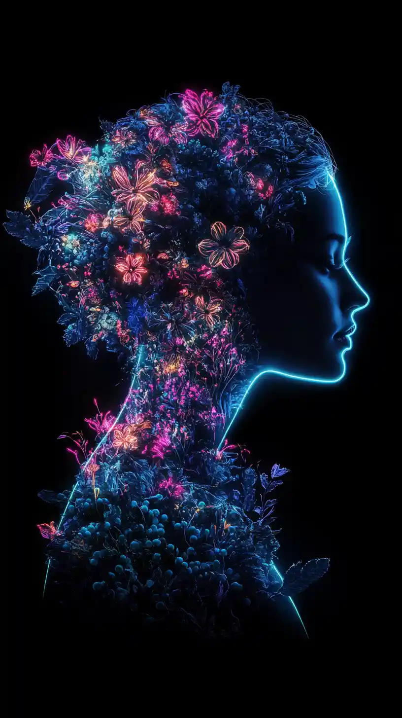 Silhouette di donna floreale al neon che brilla su sfondo nero