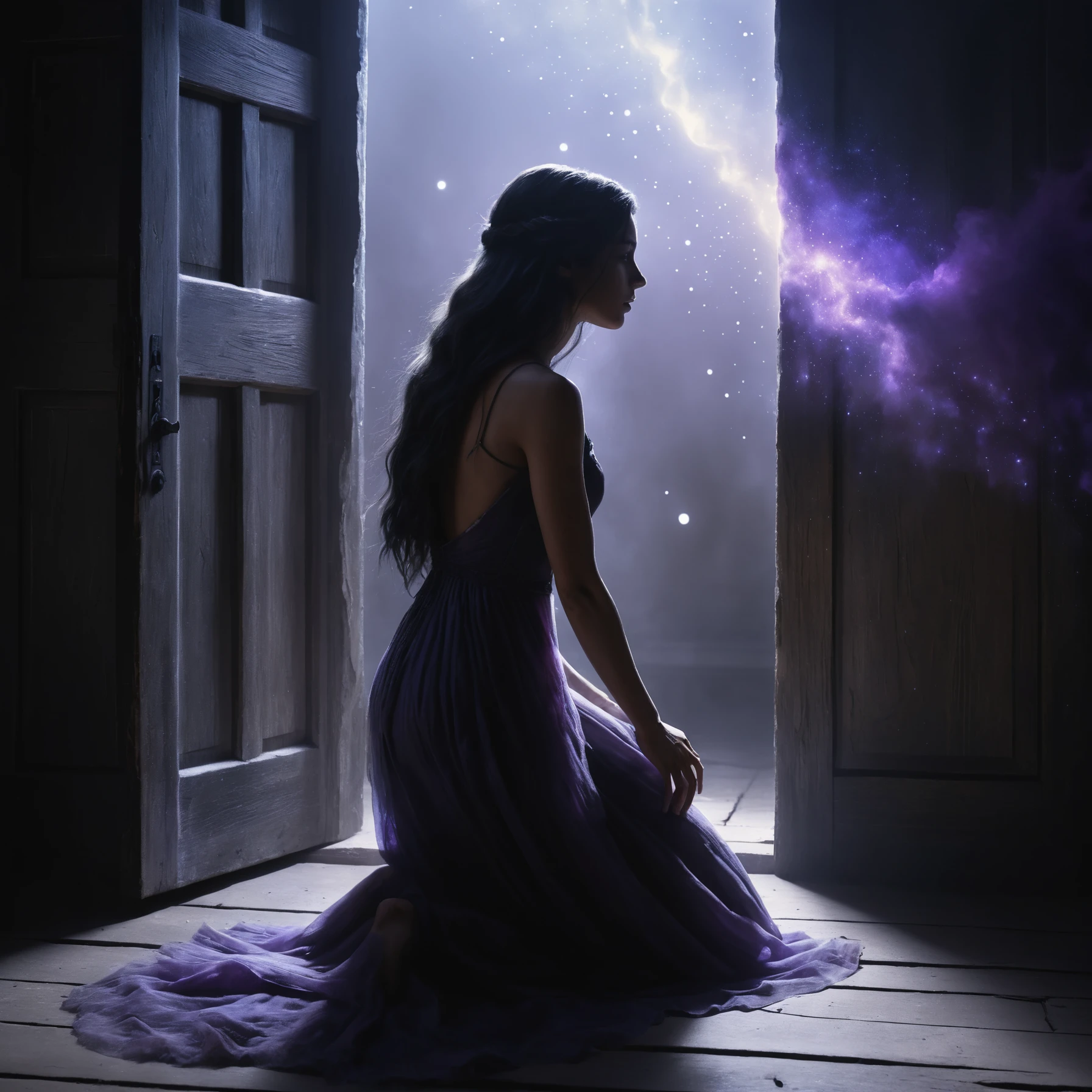 Donna in ginocchio accanto a una porta luminosa in un vortice monocromatico