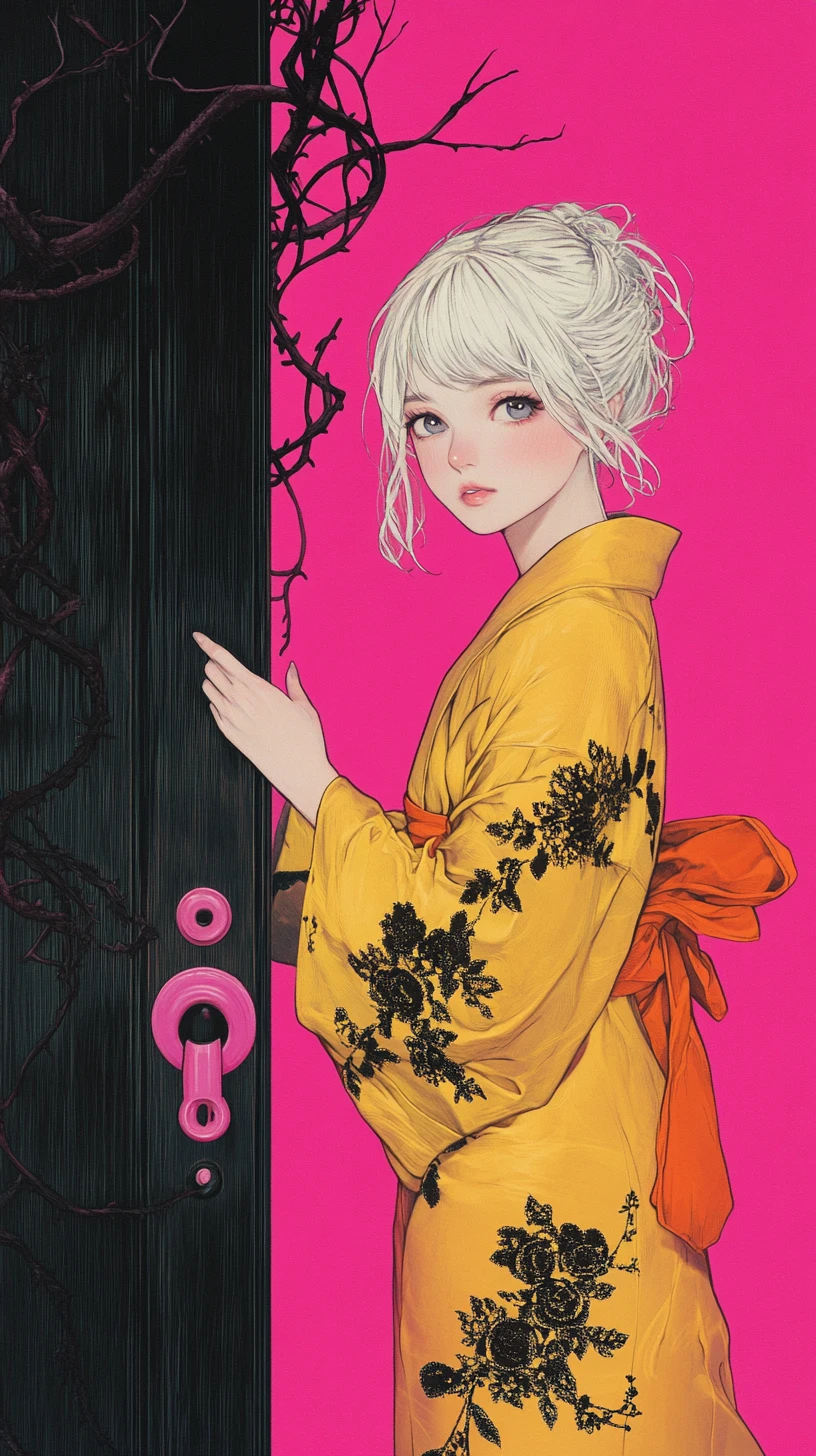 Nachdenkliches Anime-Mädchen im goldenen Kimono in einem dunklen Türrahmen