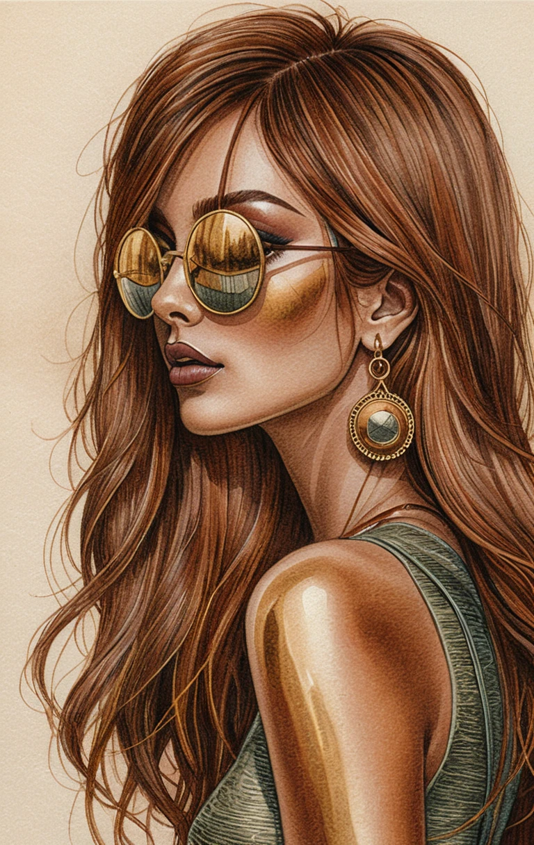Elegant fashion sketch of a woman in reflective sunglasses