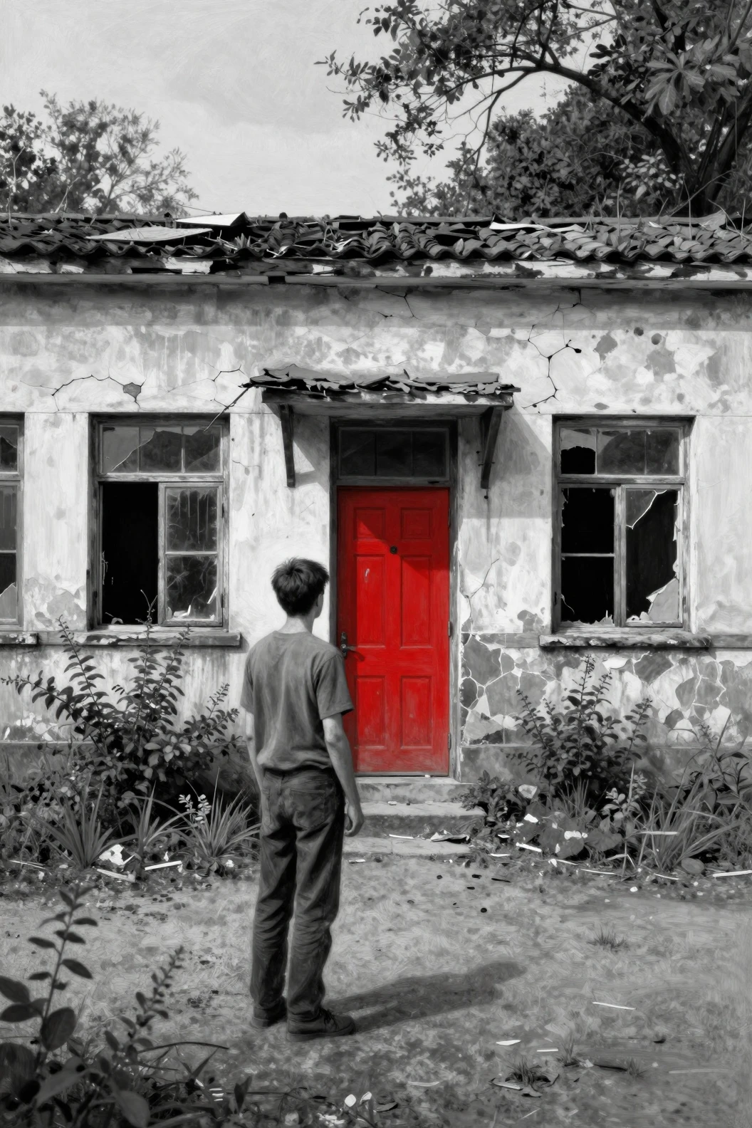Menino na porta vermelha de uma escola em ruínas em pintura monocromática