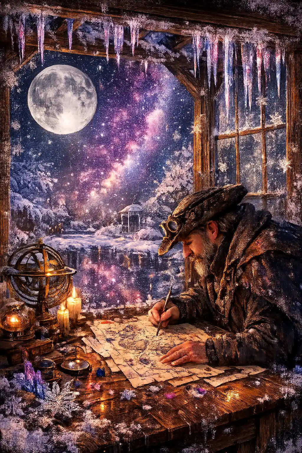 Jardín de invierno a la luz de la luna visto a través de una ventana helada