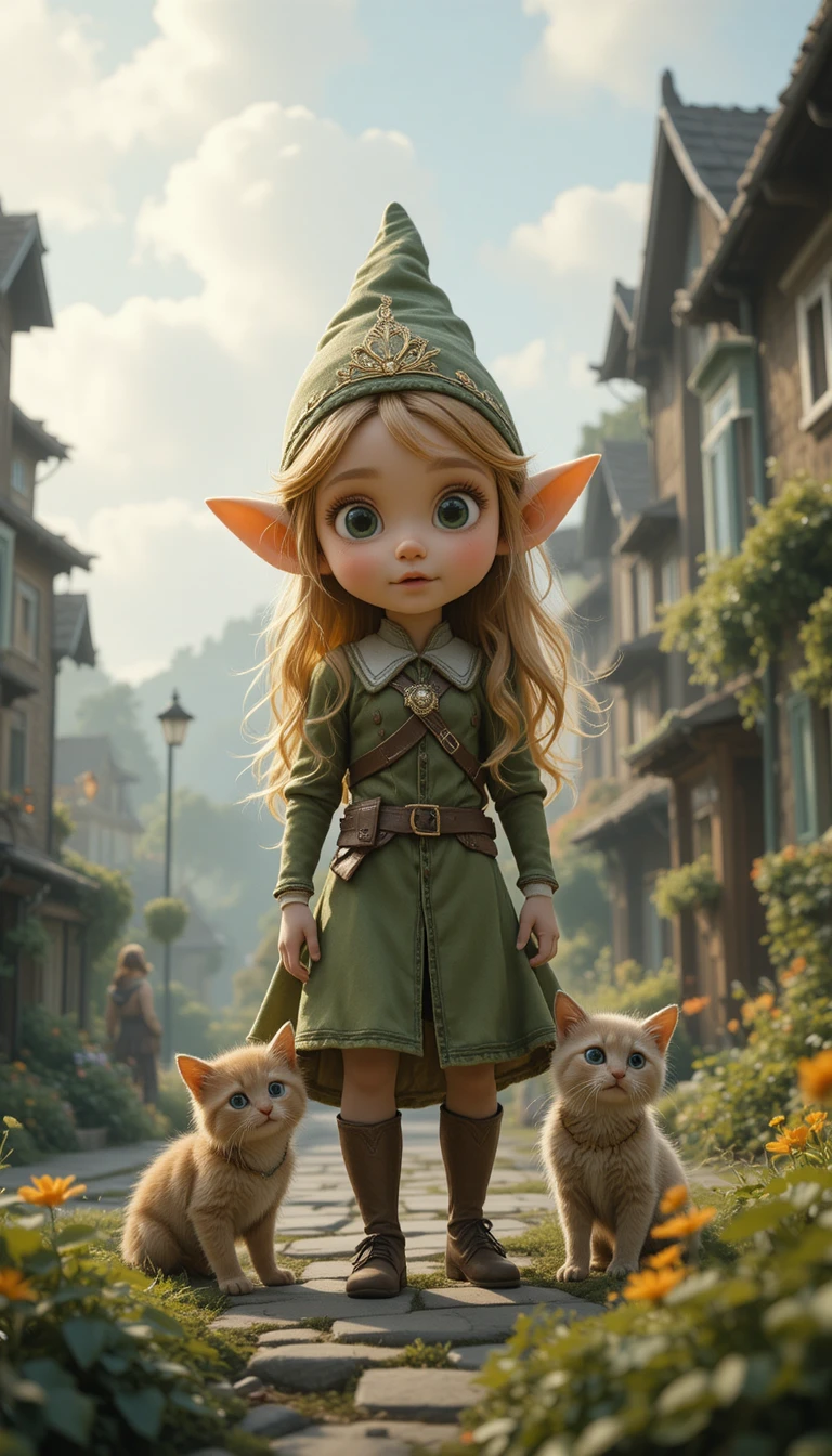La piccola elfkin Elfie in piedi in un mondo fantasy segreto, vicino a noi