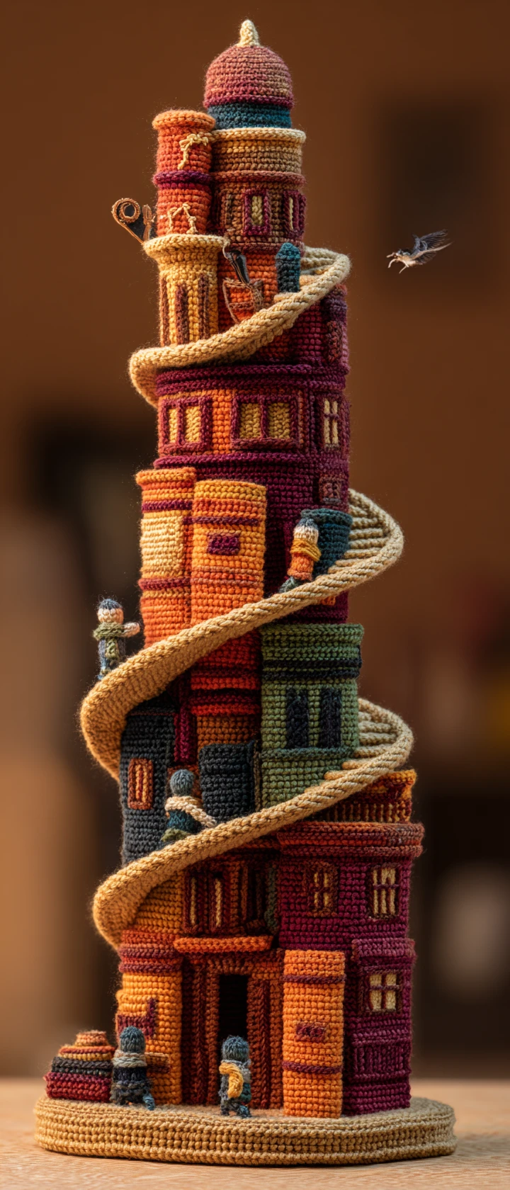 Amigurumi-Bibliothek: Turm aus gehäkelten Büchern und winzigen Gelehrten
