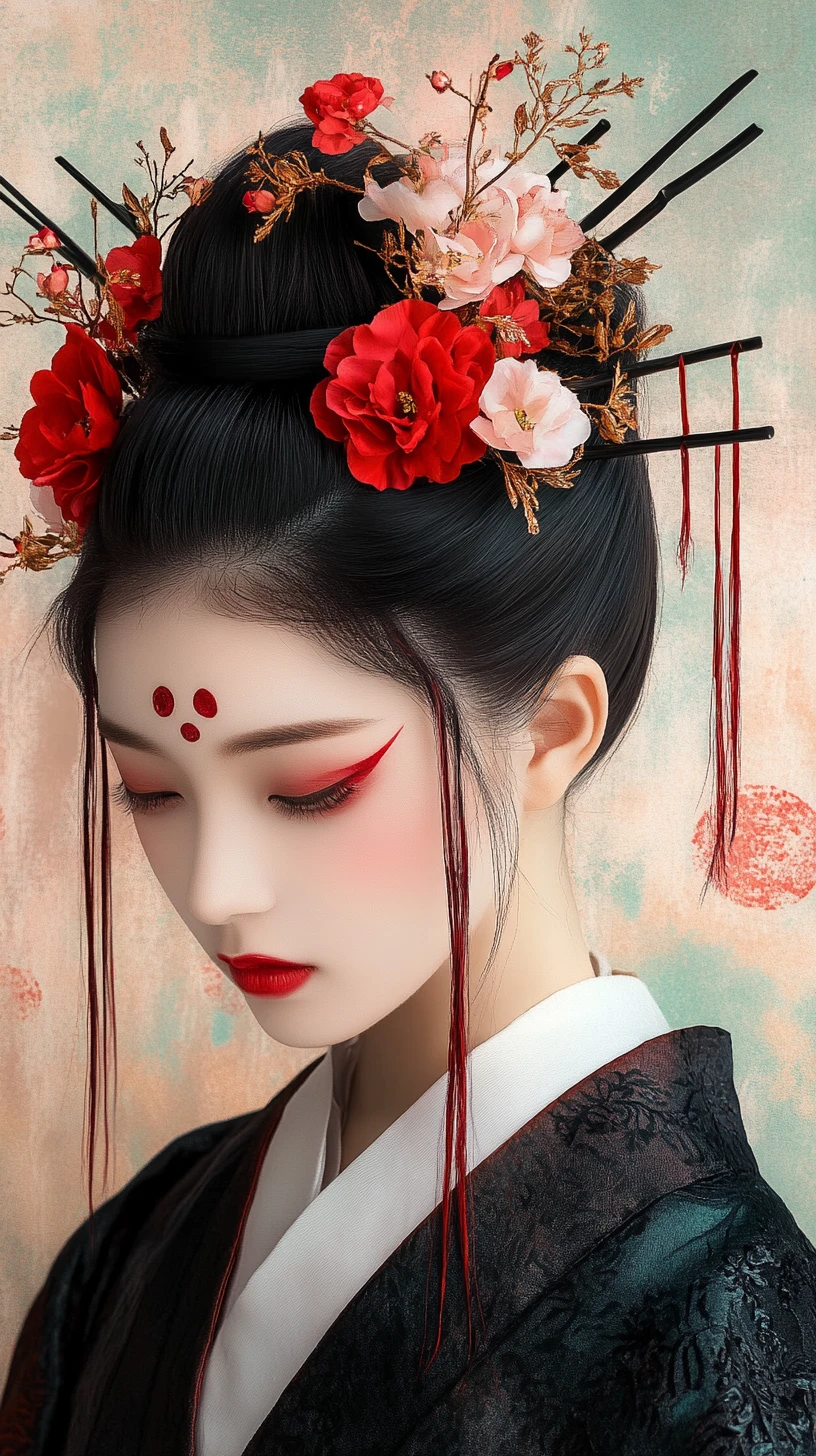 Mulher japonesa com enfeites florais no cabelo e olhos fechados