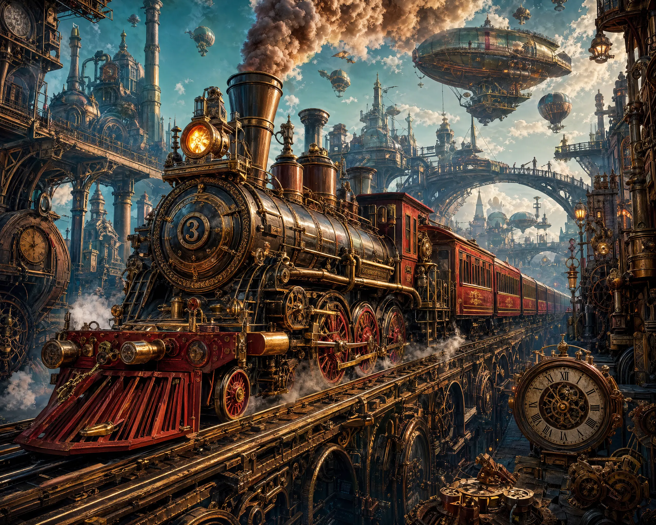 Steampunk-Zug rast durch eine fantastische industrielle Welt