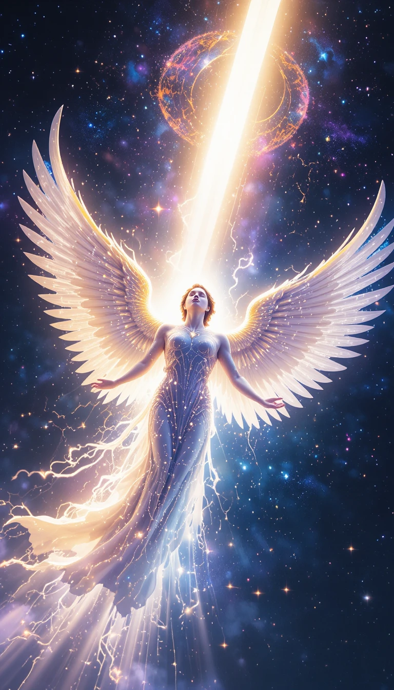 Anjo de luz voando pelo cosmos em glória radiante
