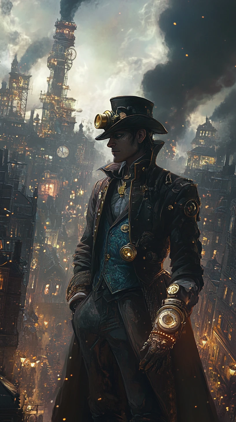 Orologiaio malvagio steampunk che sovrasta una città vittoriana