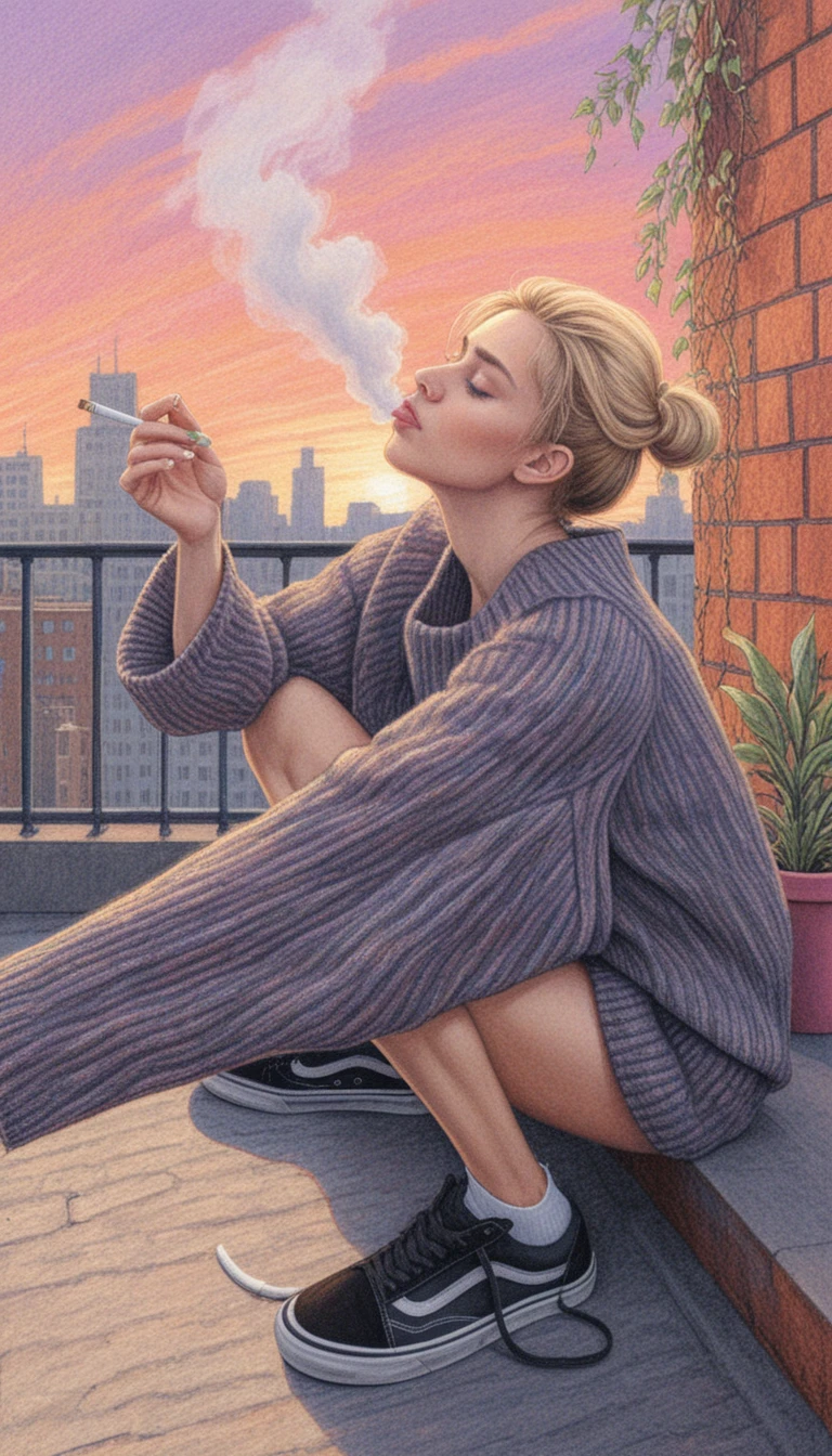 Femme fumant sur un toit au coucher du soleil avec la skyline de la ville