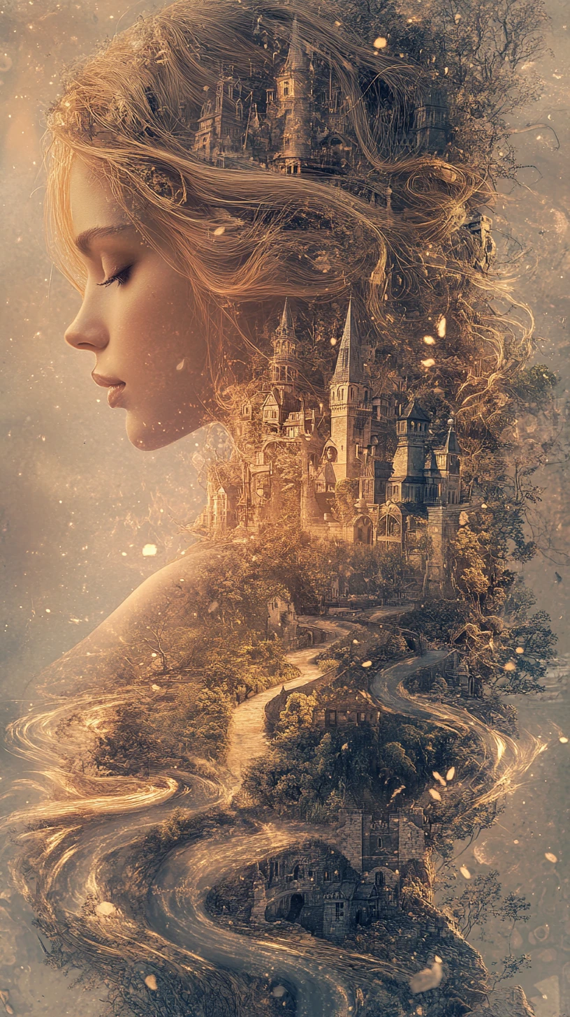 Dreamlike woman formed from glowing fairytale kingdom