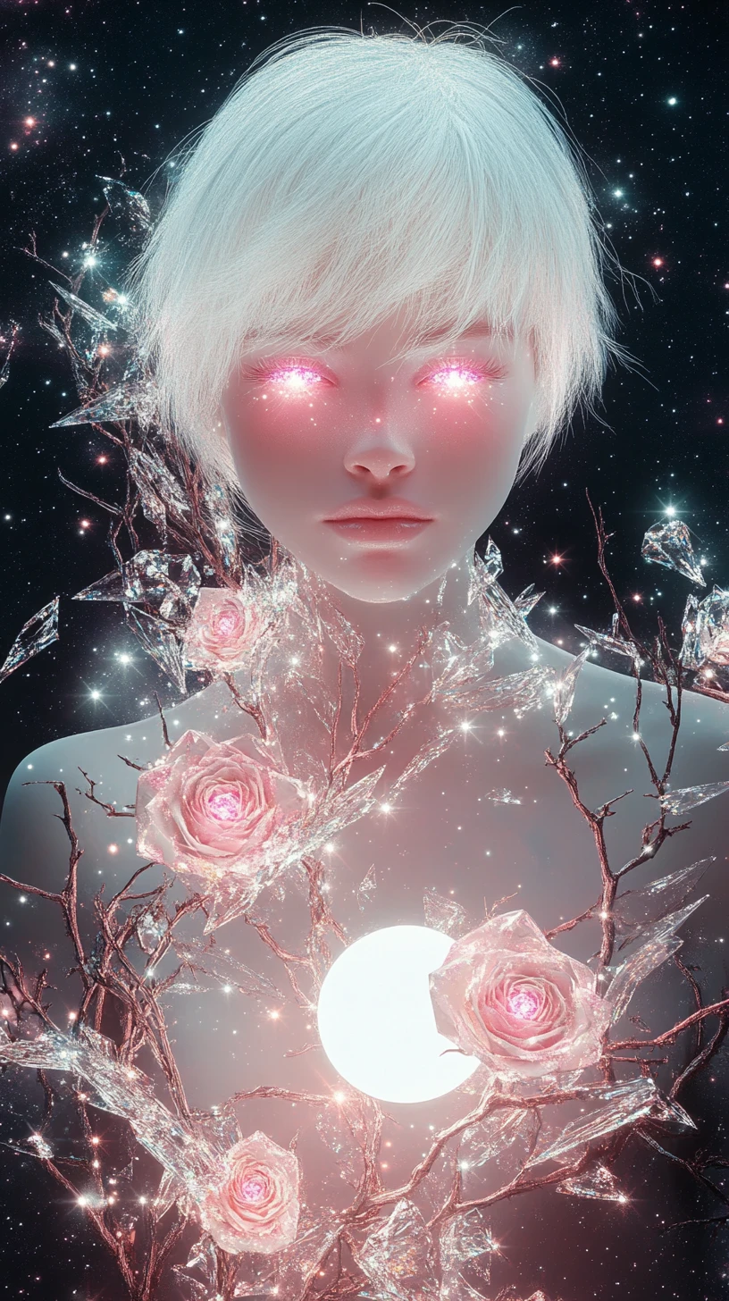 Donna celestiale di luce cristallina con luminosi occhi rosa