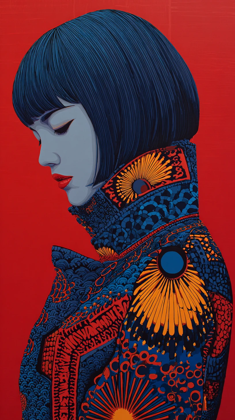 Portrait stylisé d’une femme en vêtement bleu et rouge à motifs