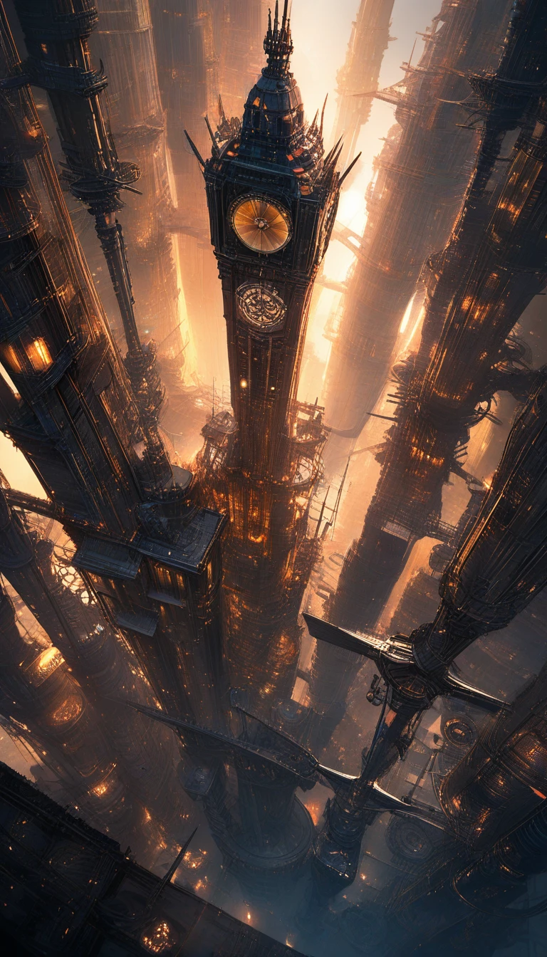 Majestätische Steampunk-Metropole aus einem imposanten Luftschiff gesehen