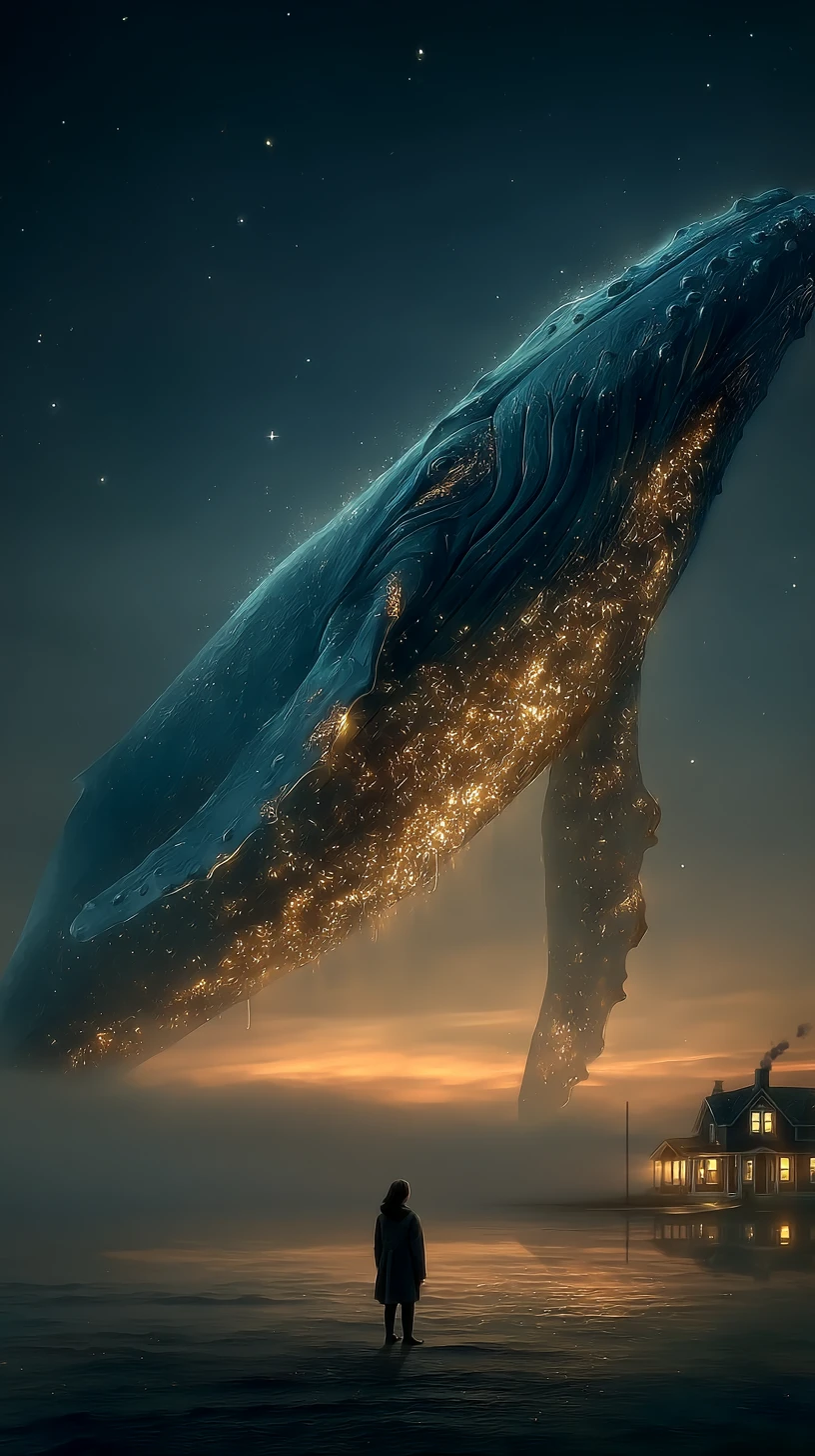 Gigante Baleia-Azul Flutuando por Um Céu Estrelado Luminoso