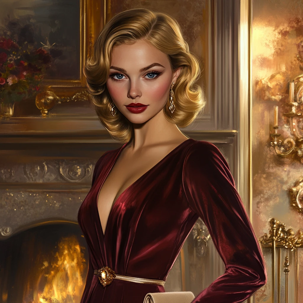 Elegante donna bionda in abito di velluto accanto a un camino decorato