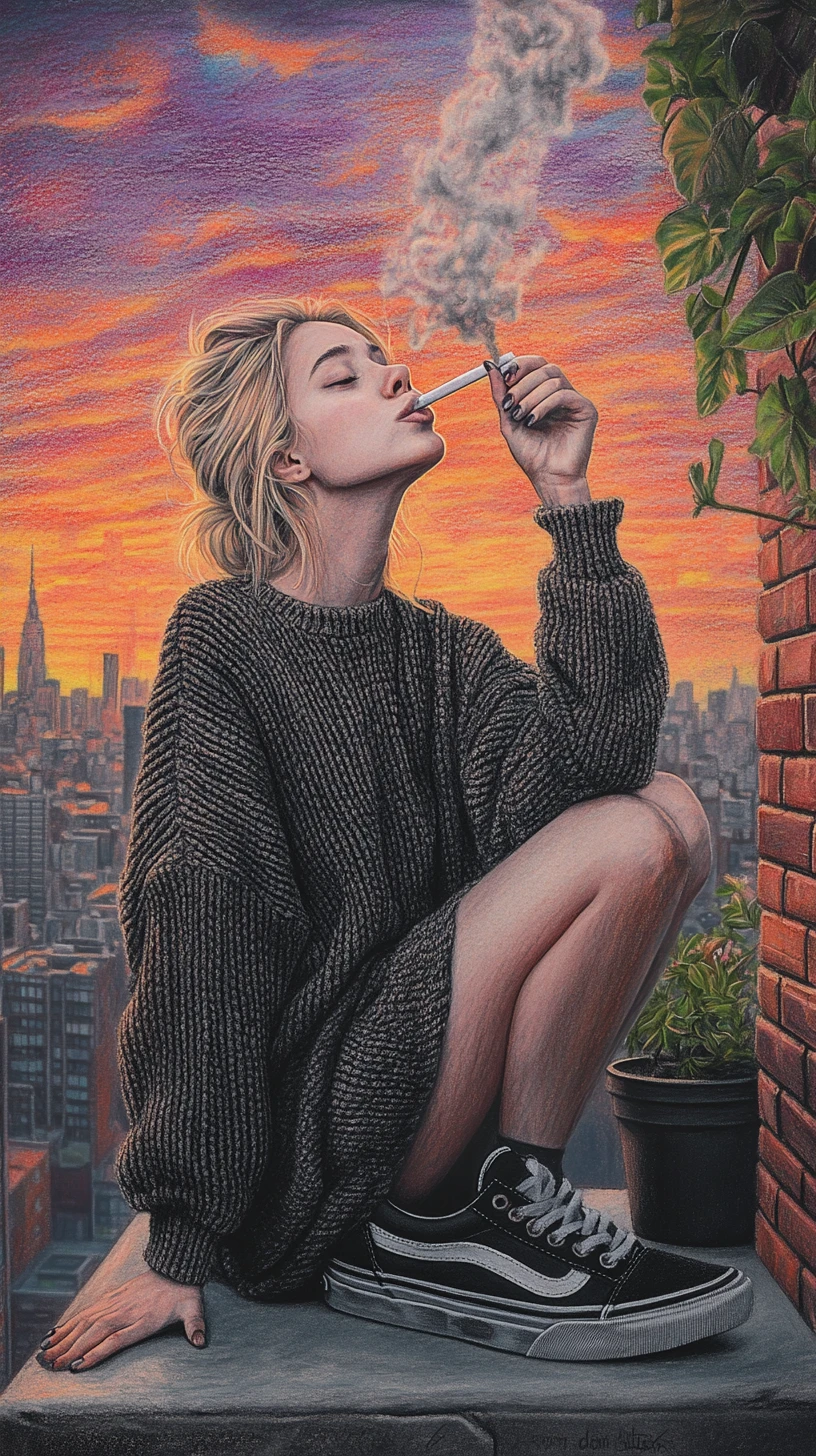 Young woman smoking on a city rooftop at sunset
