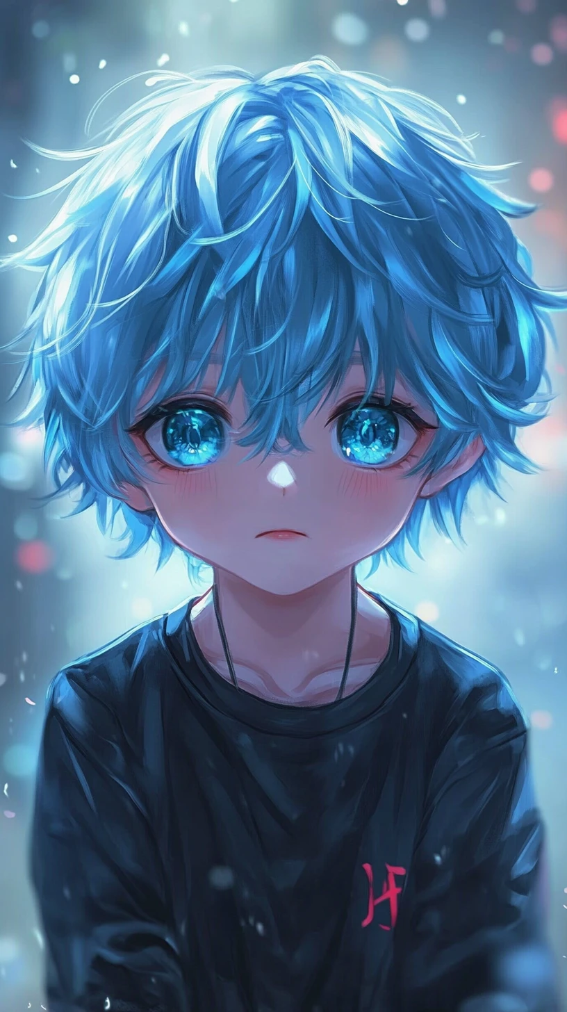 森の中の青い髪のかわいいちびキャラ少年