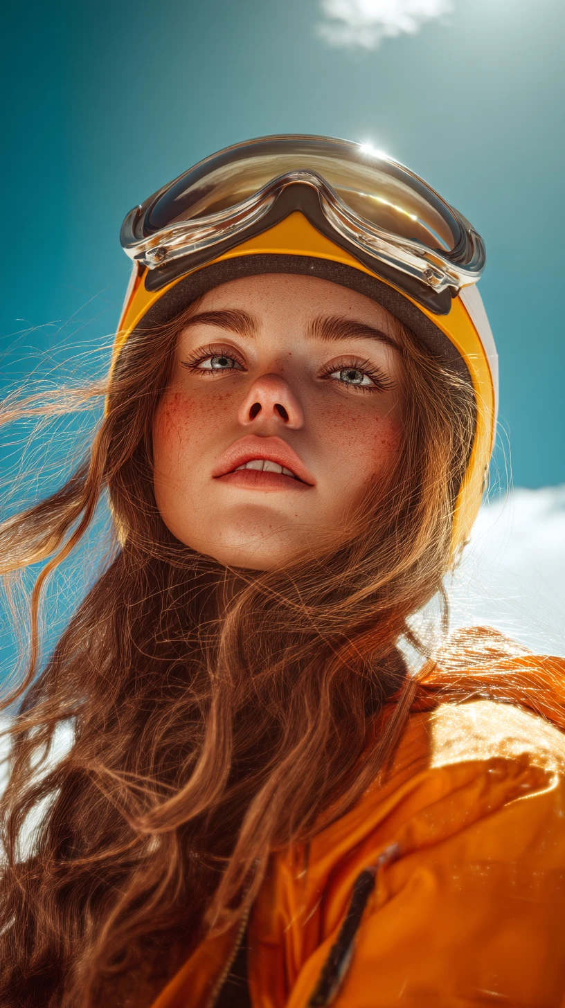 Ragazza adolescente con casco da pilota sotto un cielo blu intenso