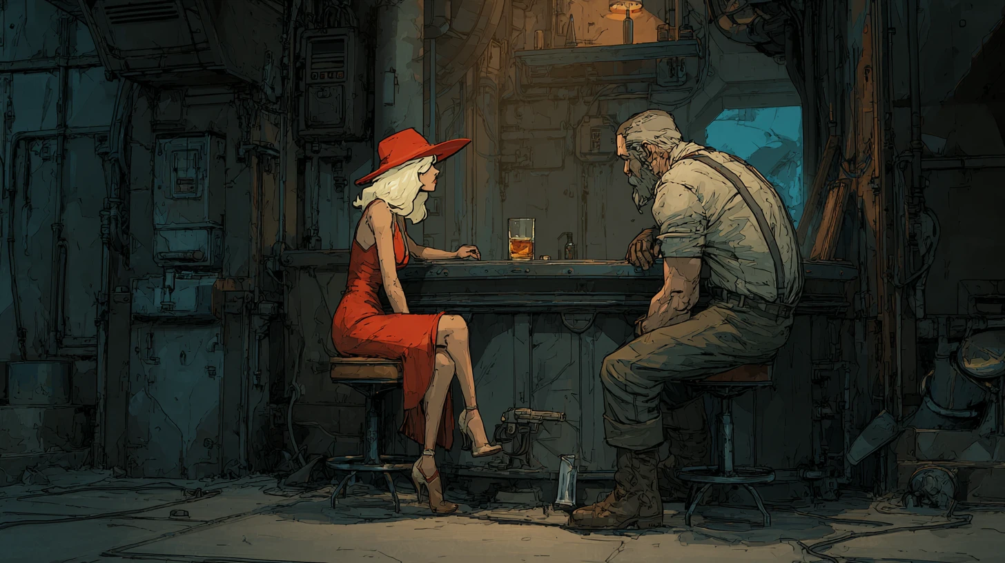 Mujer rubia con vestido rojo en un bar noir oscuro
