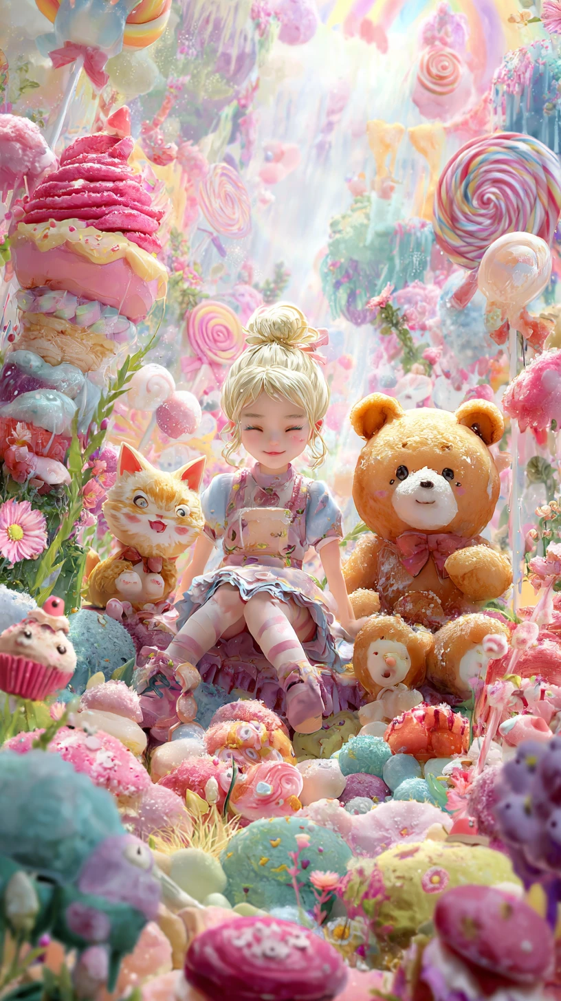 Jeune fille dans un pays magique de bonbons avec de mignons animaux