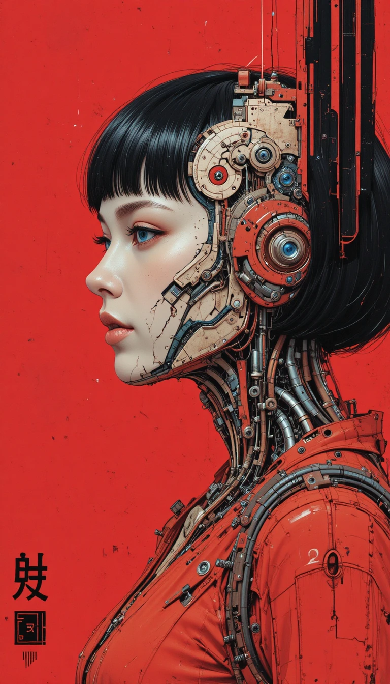 Retrato de perfil de una ciborg femenina sobre gráficos rojos intensos