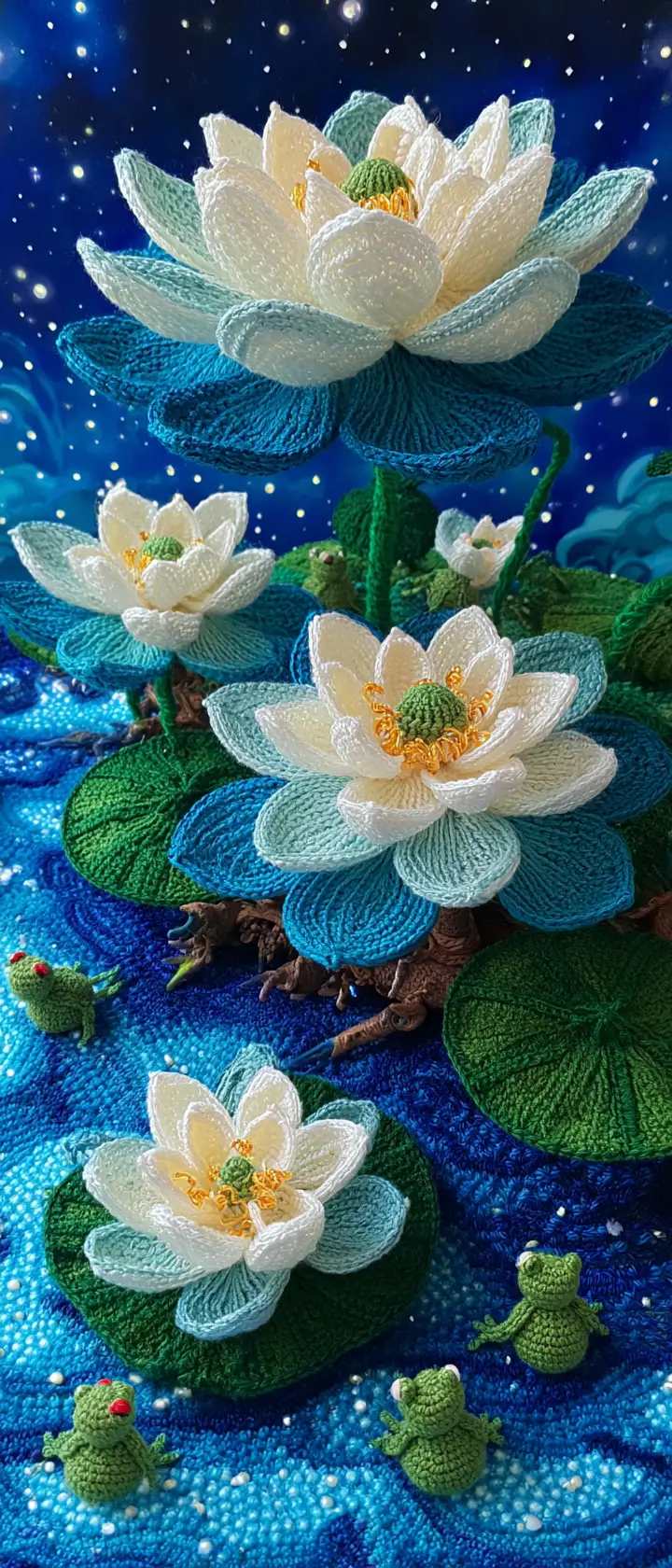 Stiller Amigurumi-Lotusteich mit Fröschen und sanft kräuselndem Garnwasser