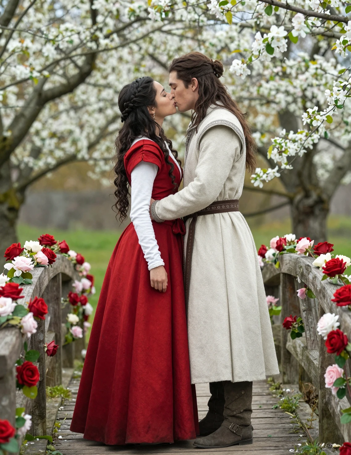 Casal asiático se beijando em uma ponte de fantasia coberta de rosas