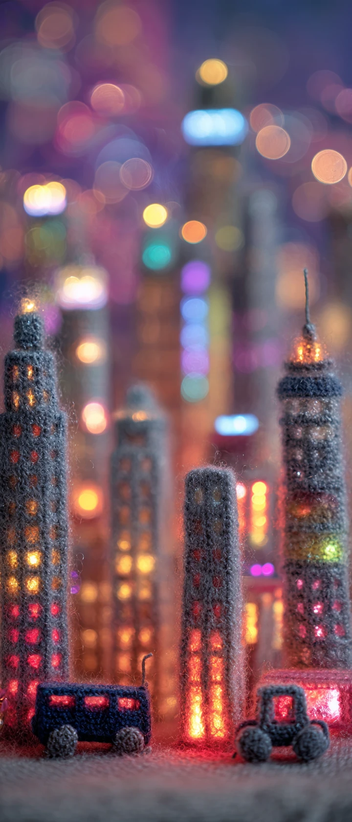 Horizonte urbano futurista de amigurumi em fio ao anoitecer