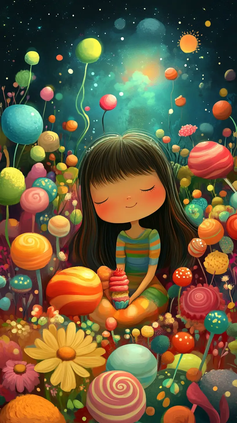 Jeune fille dans un monde magique de bonbons avec de mignons animaux