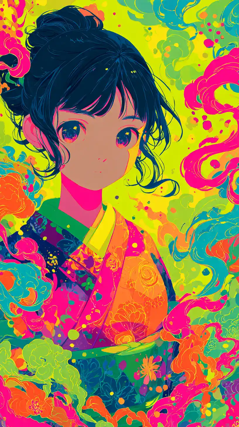 Anime girl in glowing neon abstract floral aura