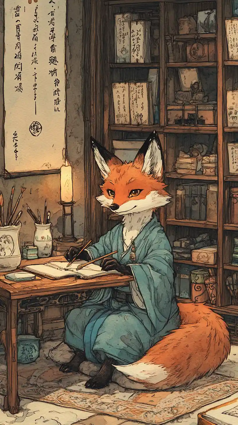 Anthropomorphic fox scholar writing in a candlelit study