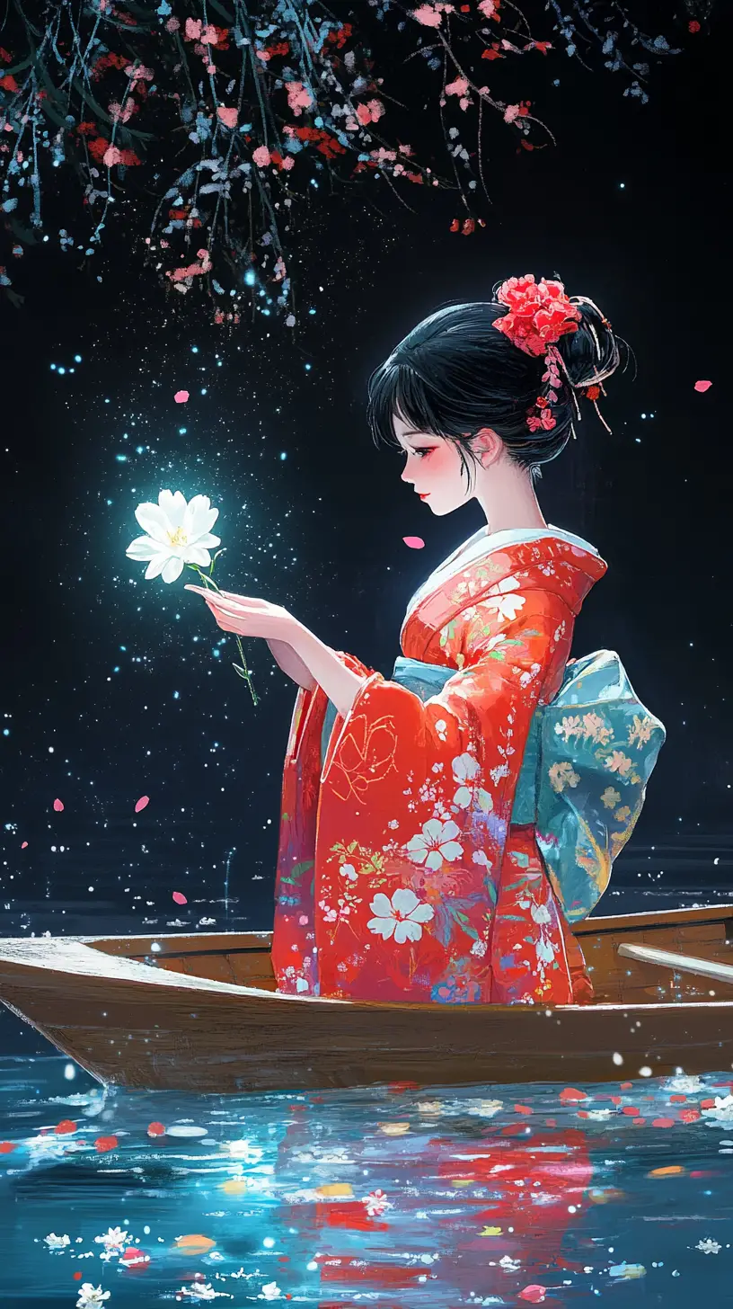 穿紅色和服、手捧發光花朵的日本女子