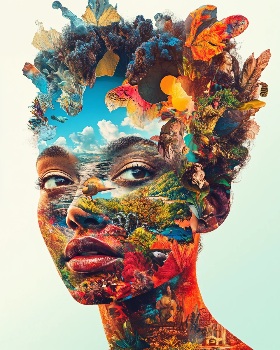 Surreal digital portrait of a face filled with vivid scenes