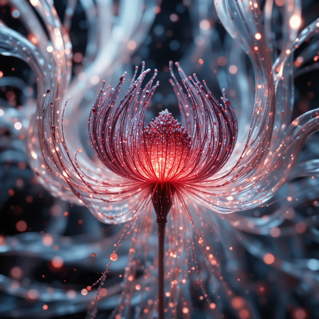 Primo piano di un'orchidea con filamenti luminosi di luce fluttuante