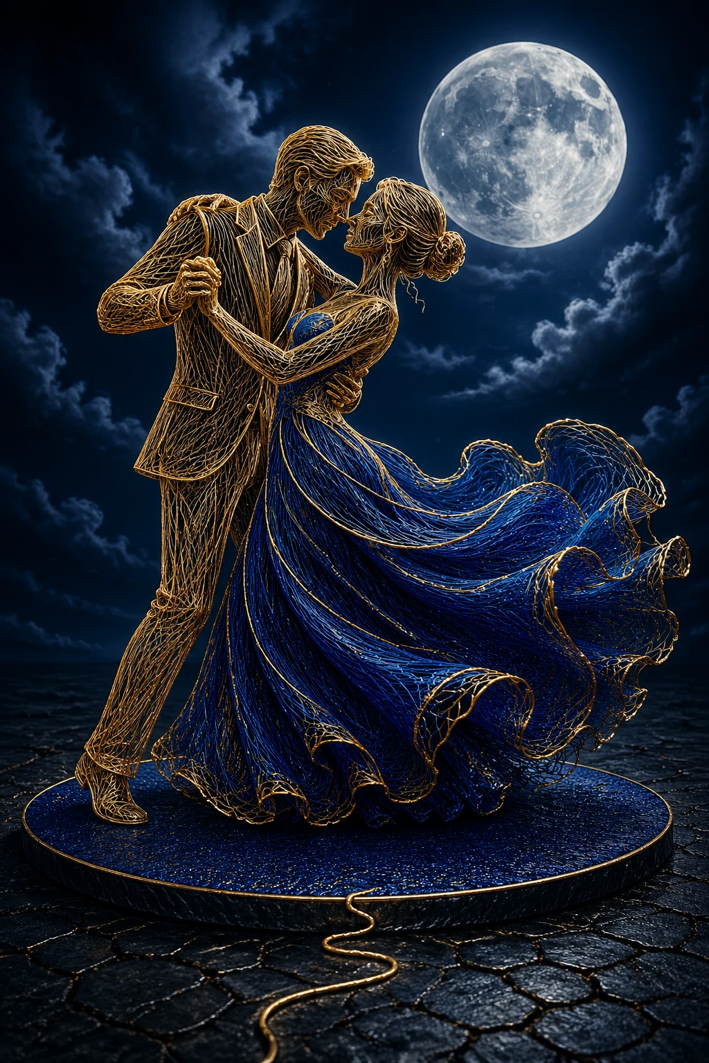 Casal dourado dançando sob a lua cheia radiante