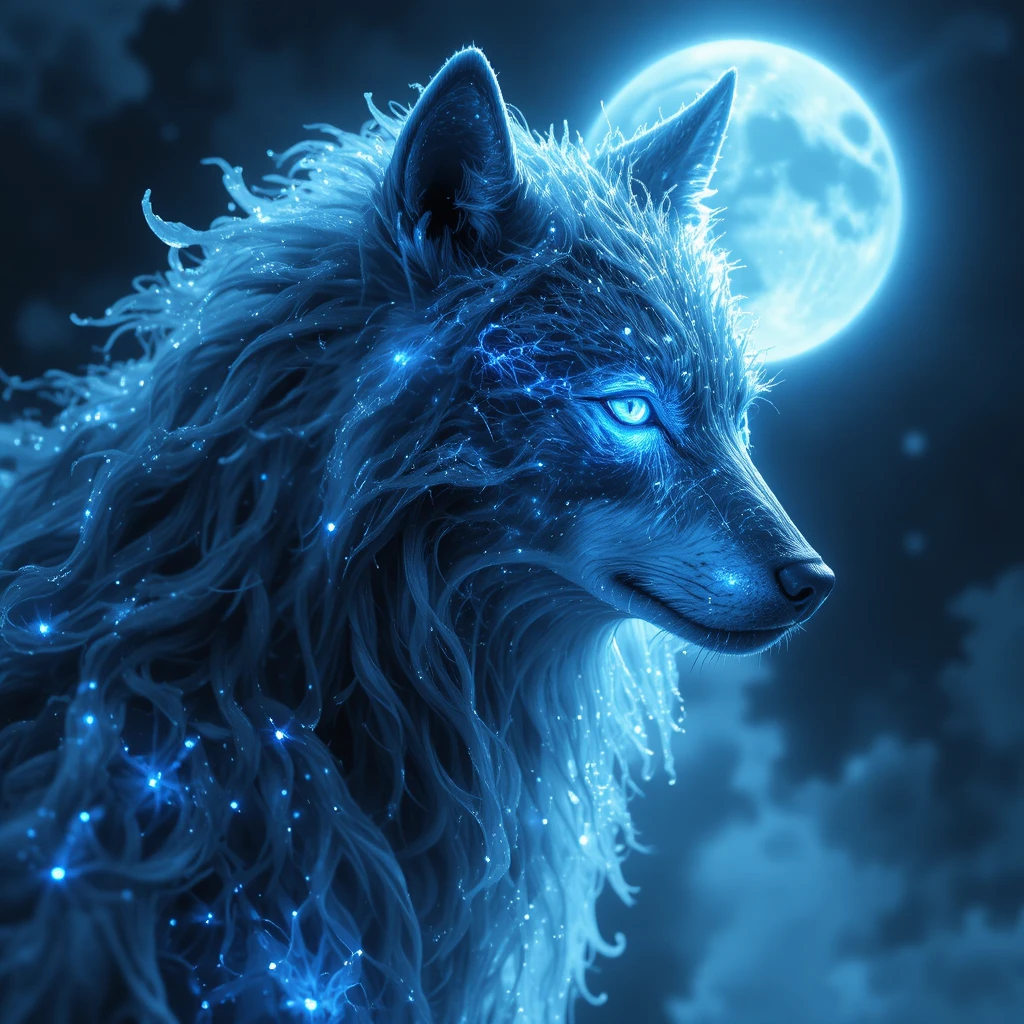 Lobo espectral brilhando em tons de azul-gelo e luar