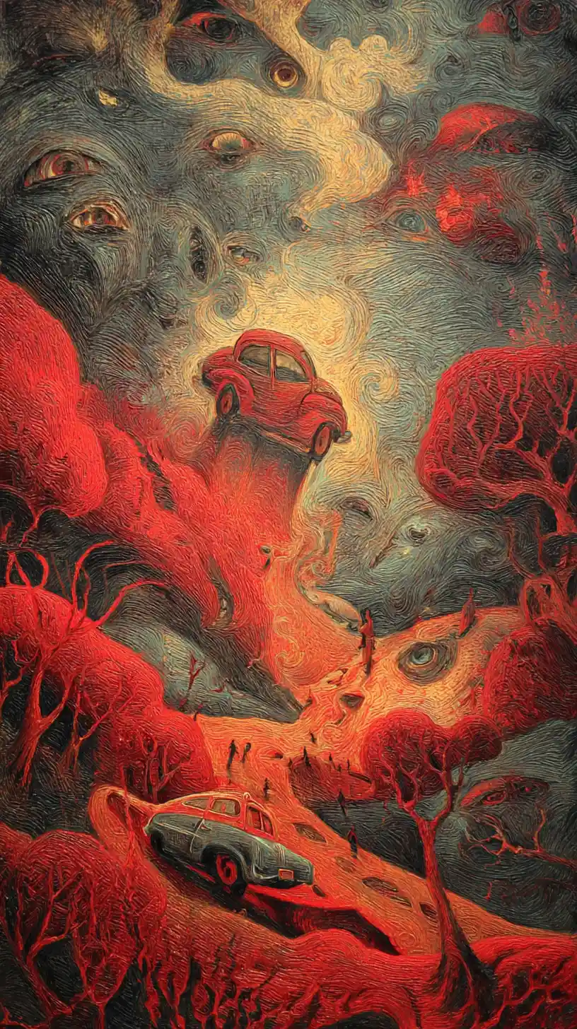 Car on a city street with chaotic violent tension